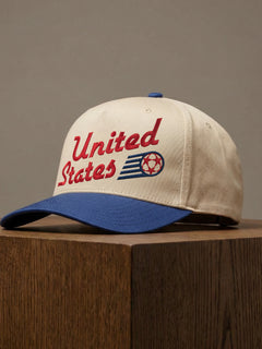 retro US soccer team world cup snapback hat, beige and royal blue United States soccer team embroidered logo cap