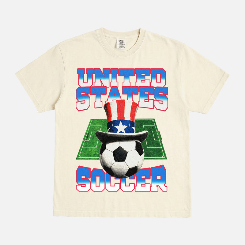 Retro United States soccer team graphic tee with 90's gradient text and uncle sam soccer ball on a unisex comfort colors t-shirt