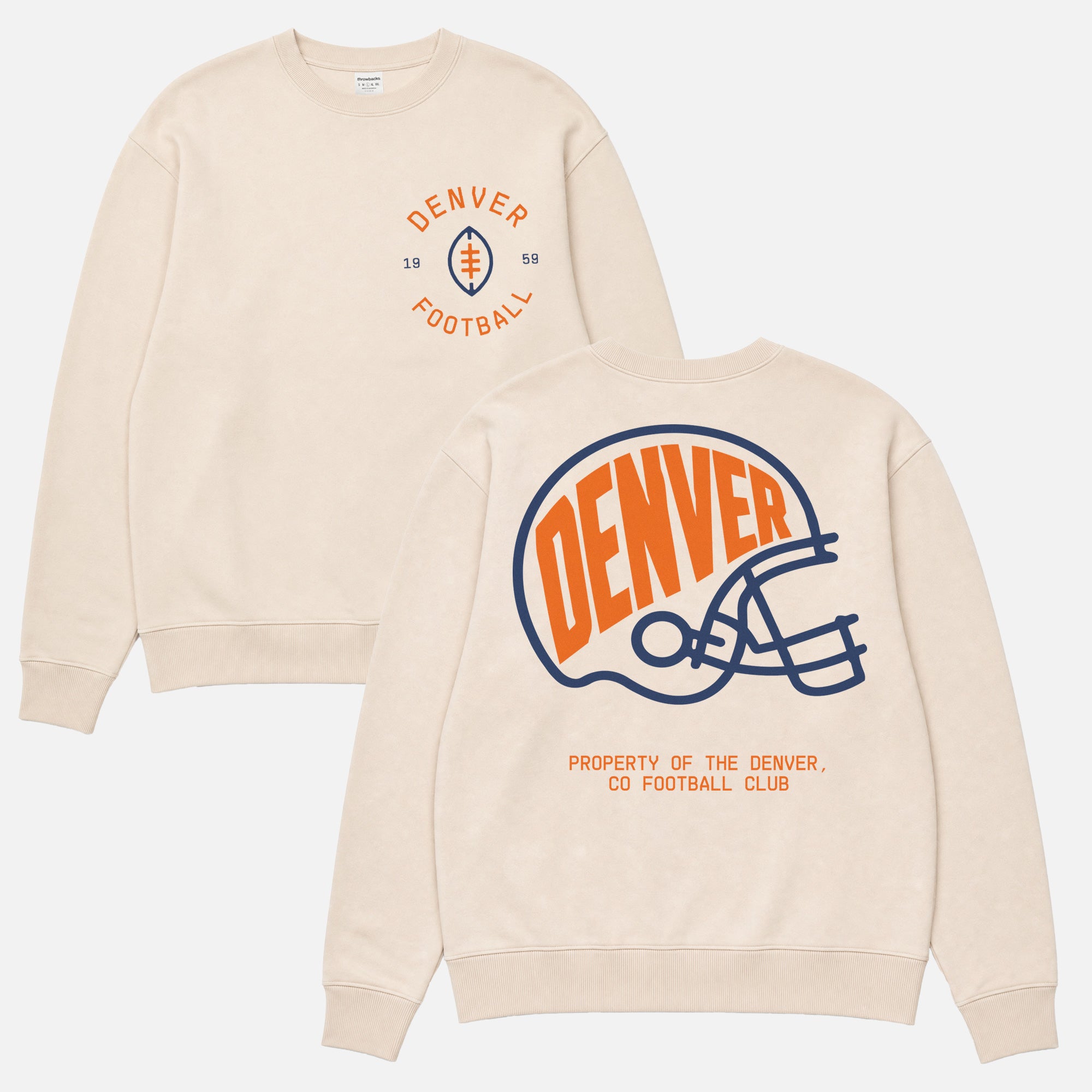 Cute vintage Denver Broncos football fan crewneck sweatshirt with retro logo and back print