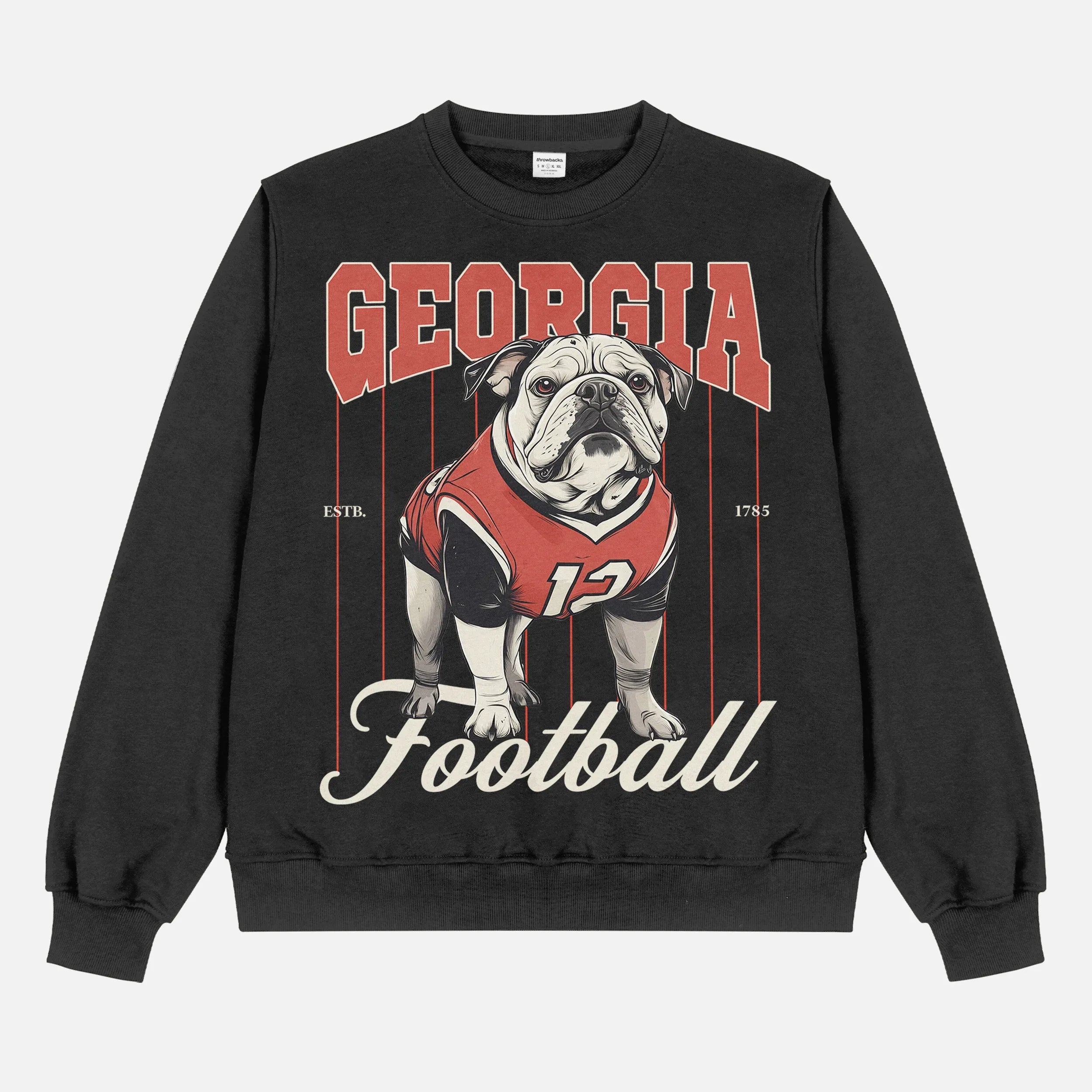 Retro Heavyweight Georgia bulldogs football sweatshirt, cute black crewneck with red pinstripes and Bulldog mascot