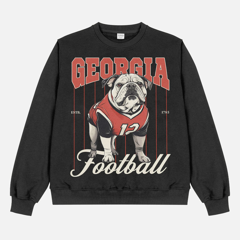 Retro Heavyweight Georgia bulldogs football sweatshirt, cute black crewneck with red pinstripes and Bulldog mascot