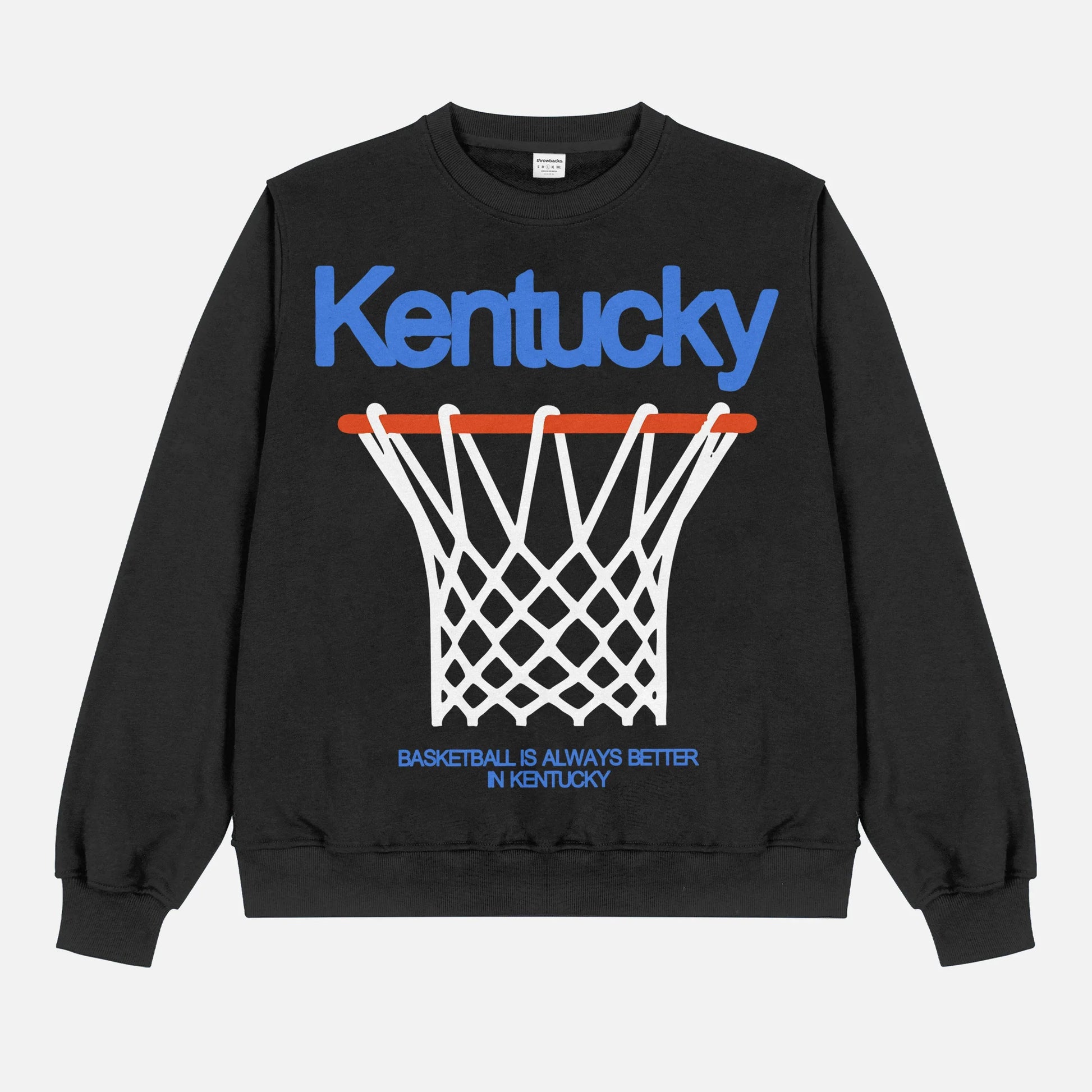 Retro University of Kentucky Wildcats streetwear college basketball sweatshirt with oversized full front print in heavyweight black crewneck for men and women for sale at Throwbacks