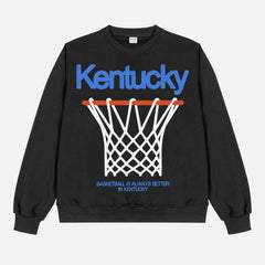 Retro University of Kentucky Wildcats streetwear college basketball sweatshirt with oversized full front print in heavyweight black crewneck for men and women for sale at Throwbacks