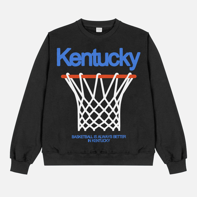 Retro University of Kentucky Wildcats streetwear college basketball sweatshirt with oversized full front print in heavyweight black crewneck for men and women for sale at Throwbacks