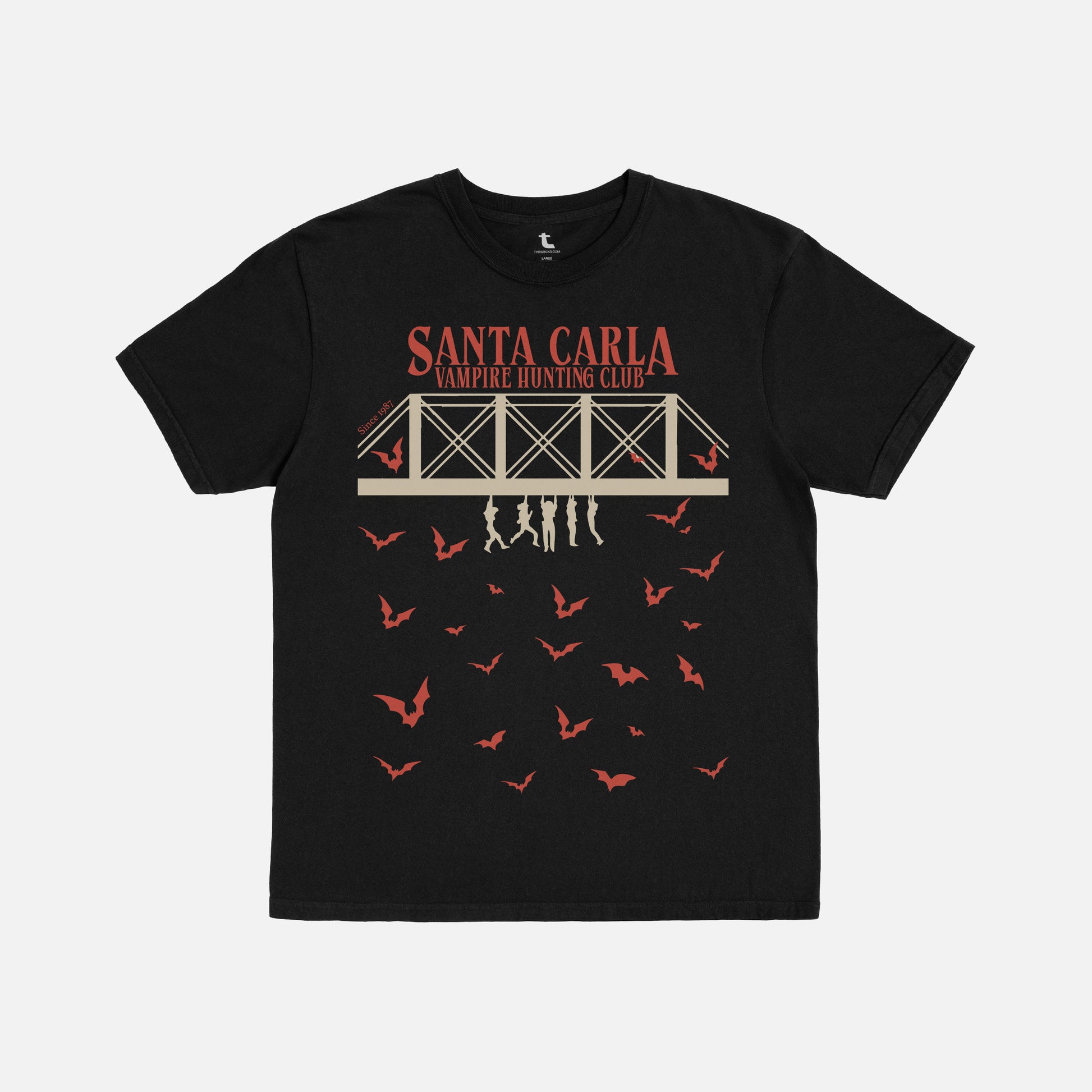 The lost boys movie t-shirt, black Santa Carla Vampire hunters bridge graphic retro horror movie graphic tee and apparel 