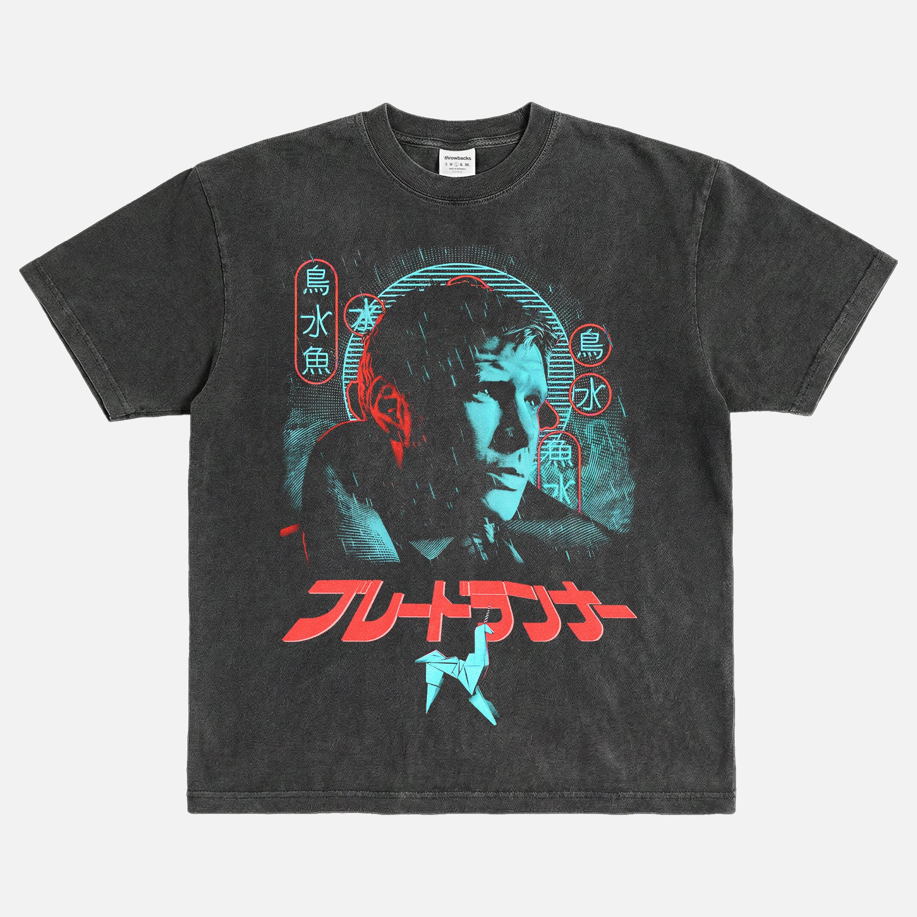 1982 Original Blade Runner movie streetwear graphic t-shirt with retro neon movie poster art on a heavyweight faded black tee for sale at Throwbacks