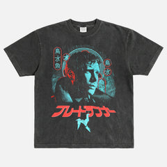 1982 Original Blade Runner movie streetwear graphic t-shirt with retro neon movie poster art on a heavyweight faded black tee for sale at Throwbacks