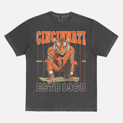 Retro Cincinnati Bengals streetwear graphic t-shirt with mascot graphic and orange pinstripes on a unisex comfort colors tee