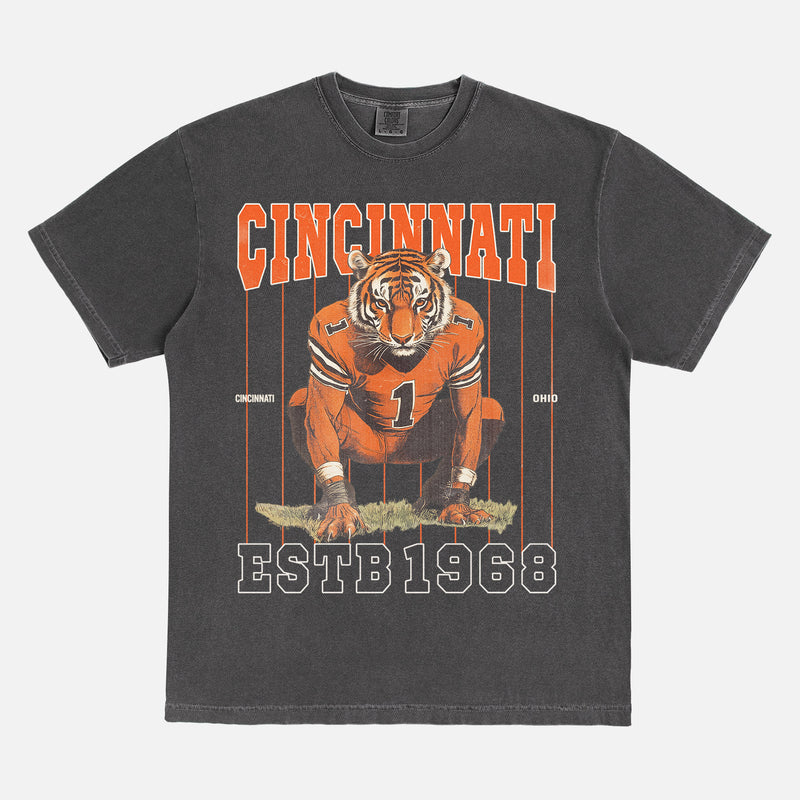Retro Cincinnati Bengals streetwear graphic t-shirt with mascot graphic and orange pinstripes on a unisex comfort colors tee