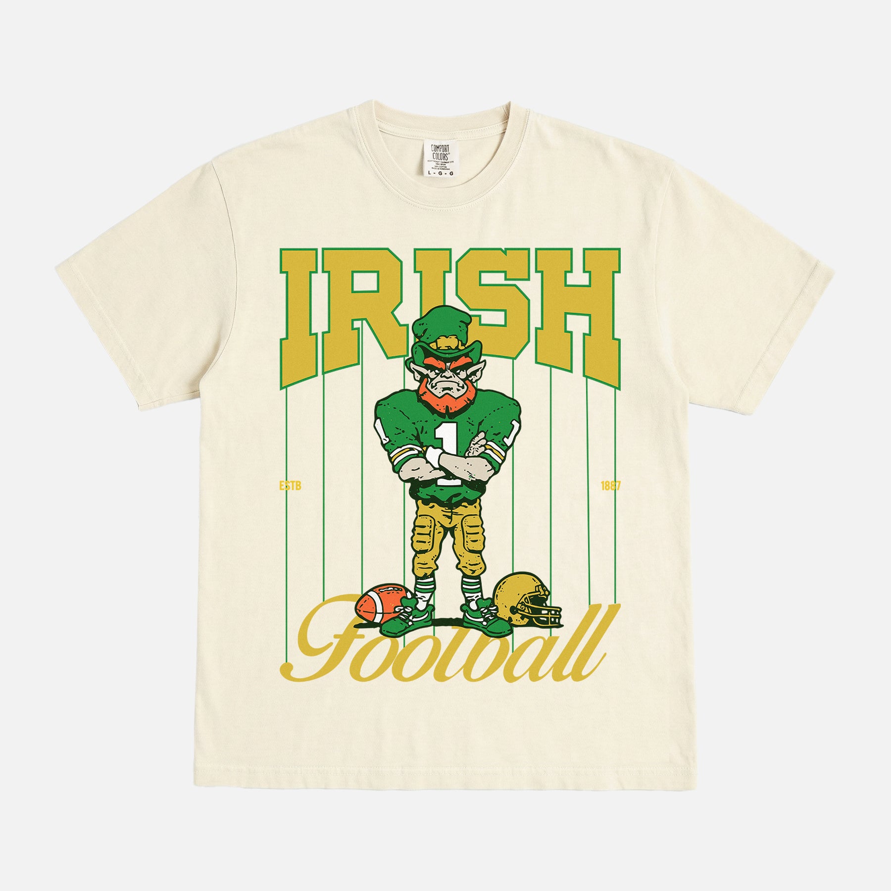 Cute retro vintage washed cream Notre Dame Fighting Irish comfort colors graphic t-shirt with pinstripes and leprechaun mascot