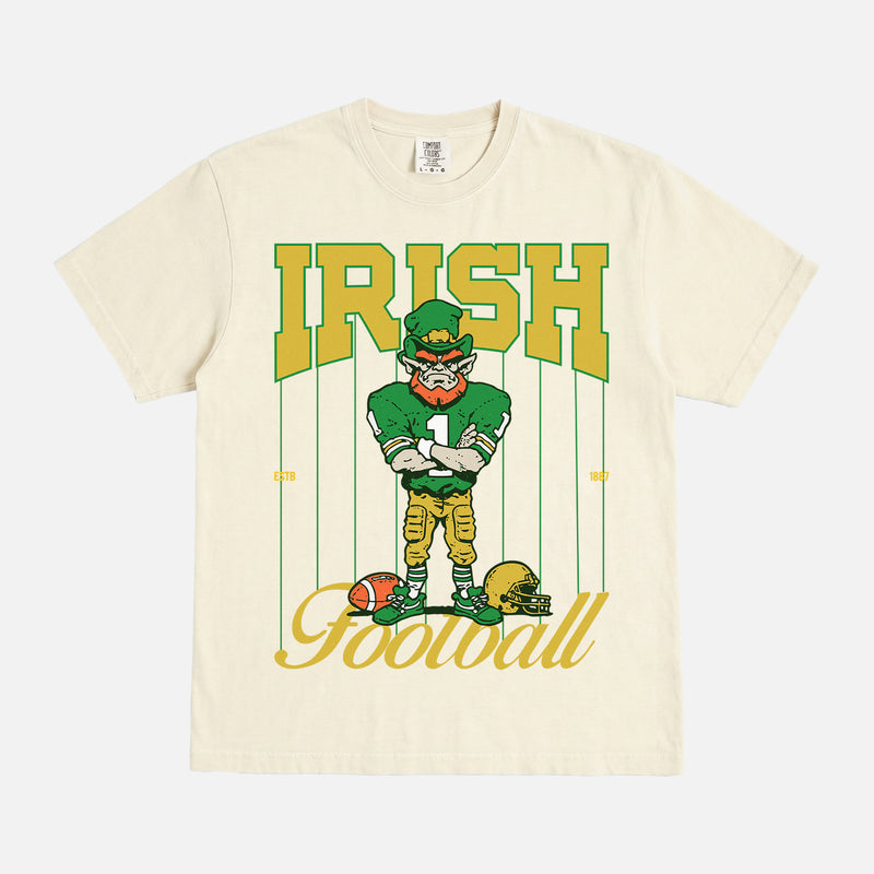 Cute retro vintage washed cream Notre Dame Fighting Irish comfort colors graphic t-shirt with pinstripes and leprechaun mascot