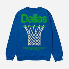 Royal blue Dallas Mavericks throwback jersey crewneck sweatshirt with oversized green front and back print for men and women