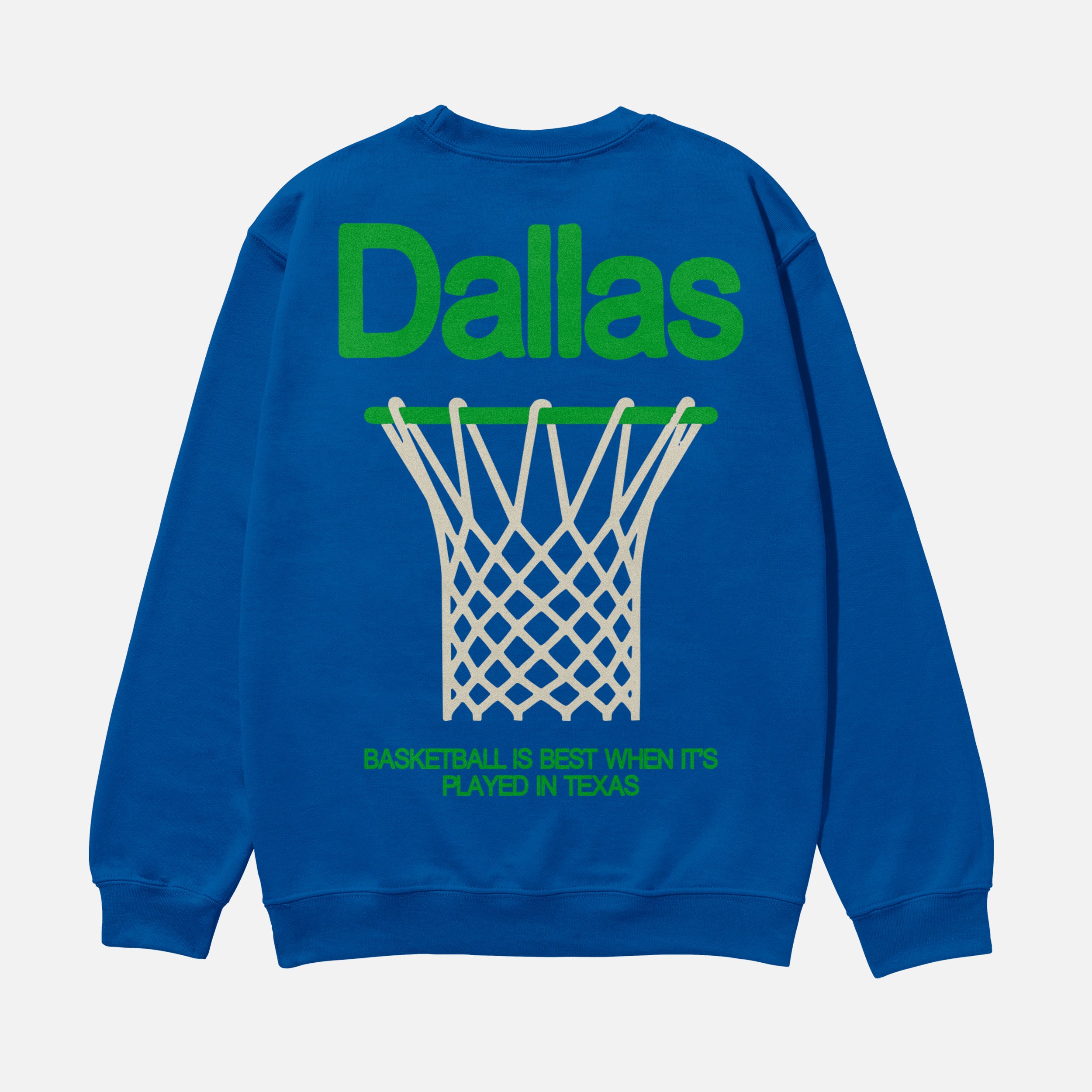 Royal blue Dallas Mavericks throwback jersey crewneck sweatshirt with oversized green front and back print for men and women