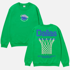 Kelly green Dallas Mavericks throwback jersey crewneck sweatshirt with oversized front and back print for men and women