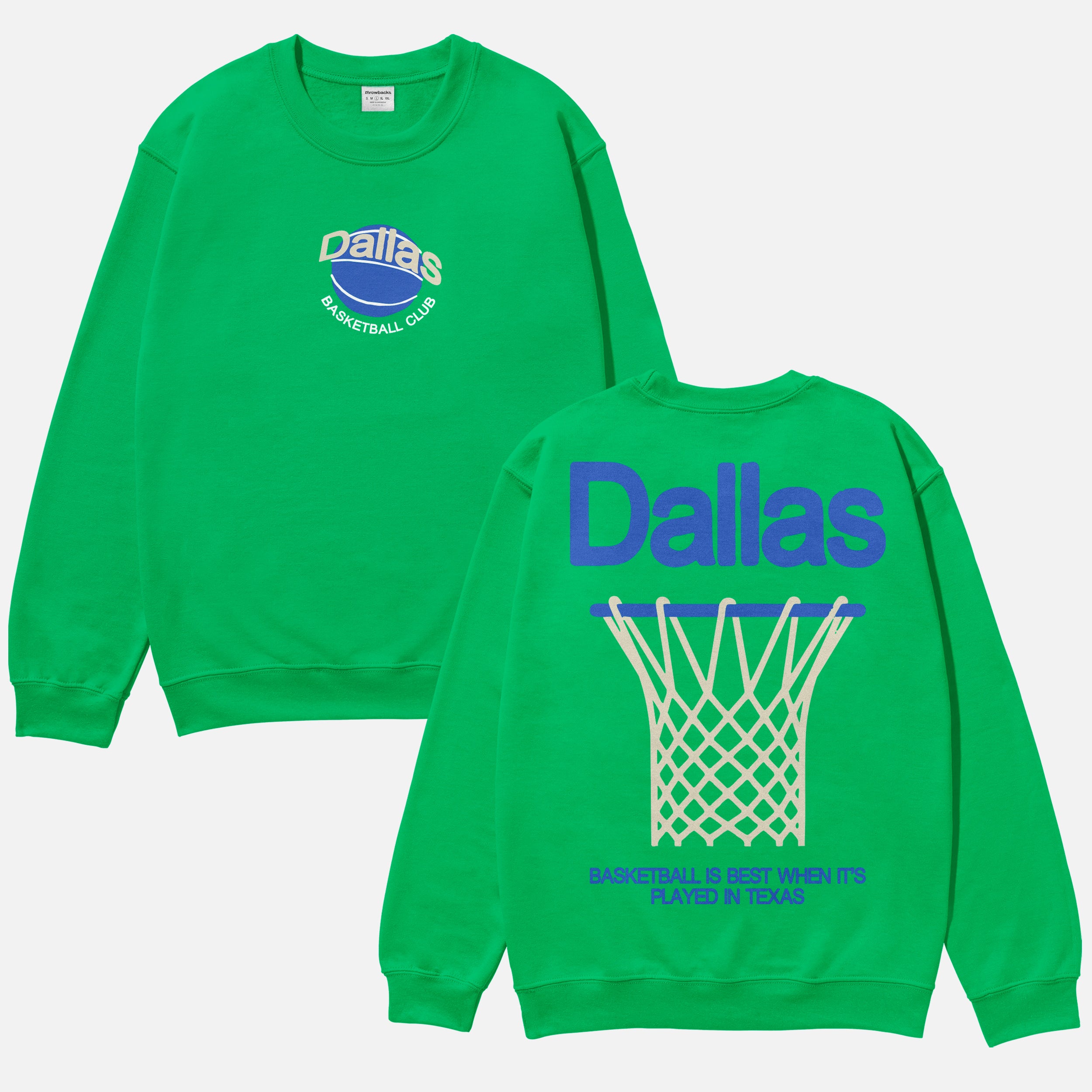 Kelly green Dallas Mavericks throwback jersey crewneck sweatshirt with oversized front and back print for men and women