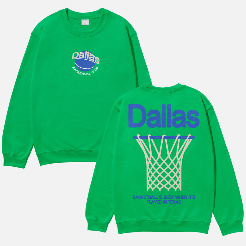 Kelly green Dallas Mavericks throwback jersey crewneck sweatshirt with oversized front and back print for men and women