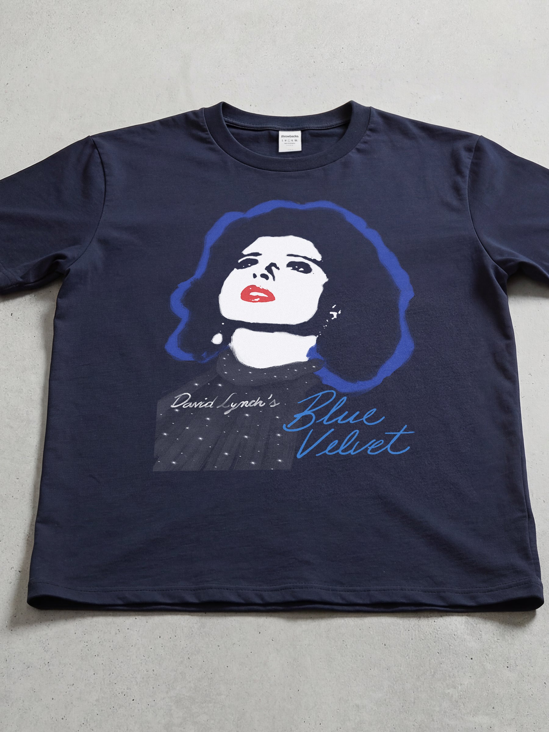 Retro David Lynch's Blue Velvet movie t-shirt with Dorothy Vallens illustration on a unisex navy graphic tee