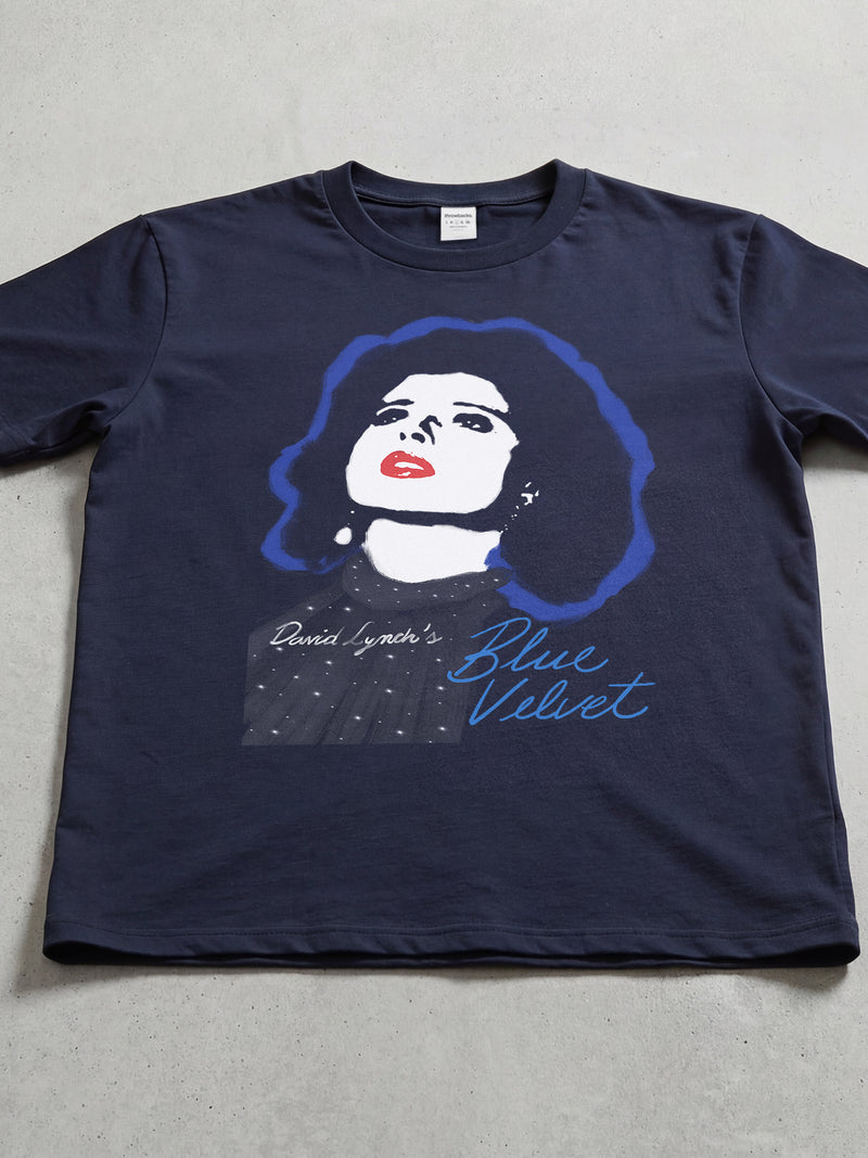 Retro David Lynch's Blue Velvet movie t-shirt with Dorothy Vallens illustration on a unisex navy graphic tee