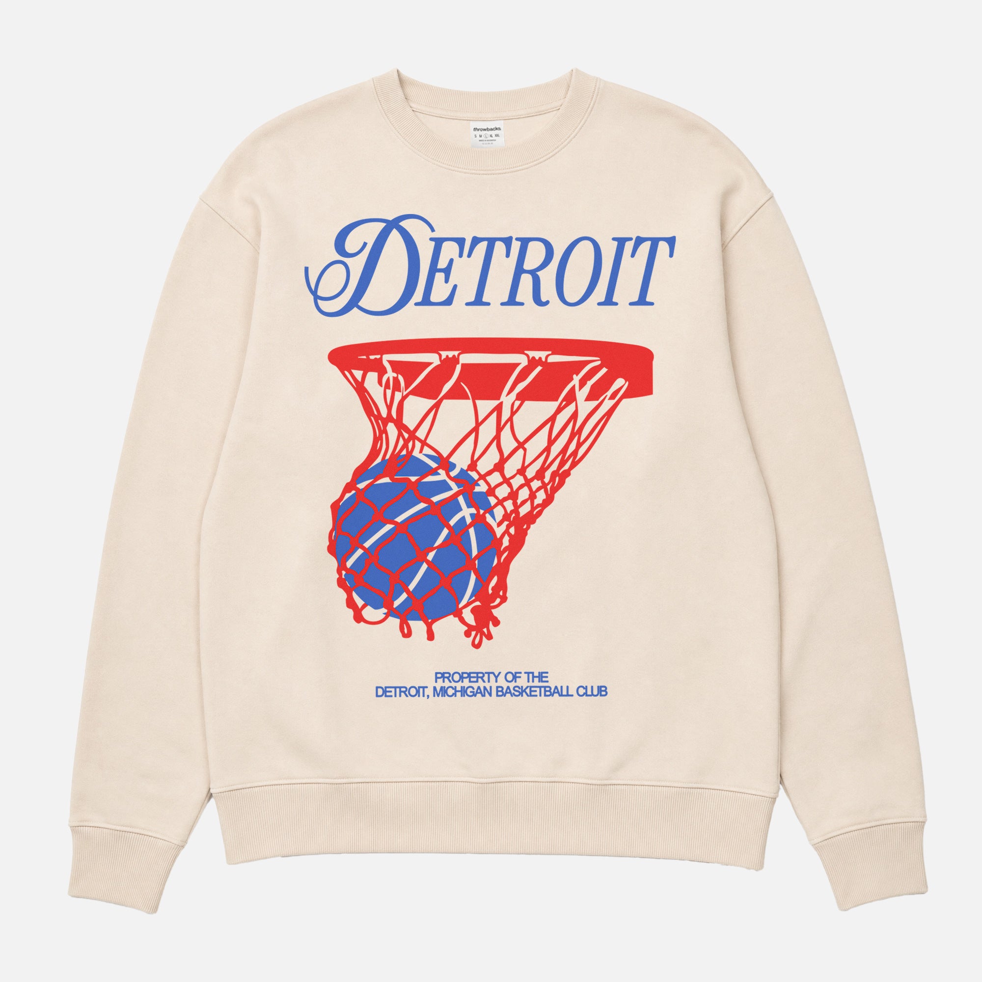 Retro 1990s  Detroit Pistons basketball sweatshirt with red and white streetwear graphic on a royal blue unisex crewneck