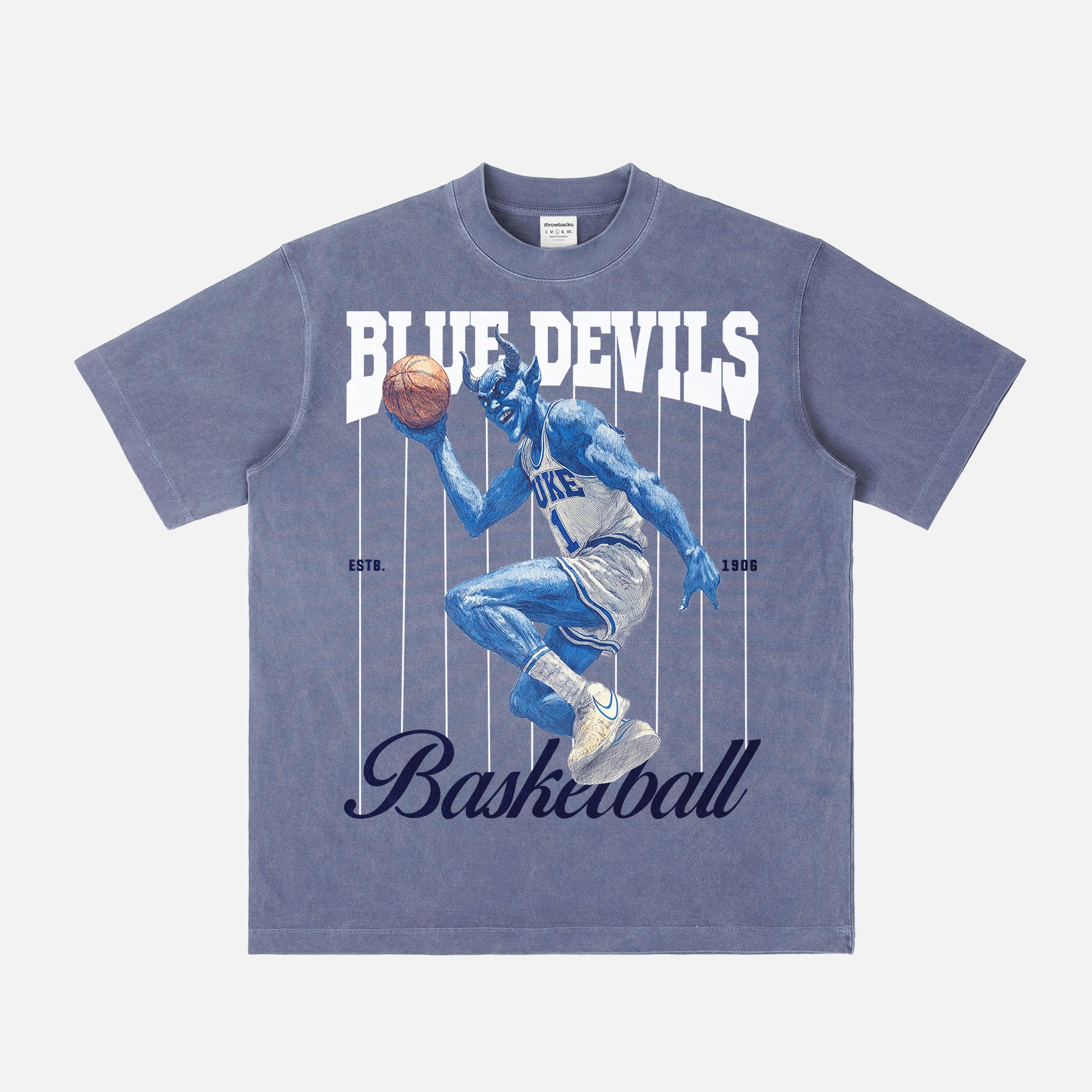 Washed blue retro Duke Blue Devils college basketball T‑shirt with vintage blue devil mascot graphic and pinstripes. 