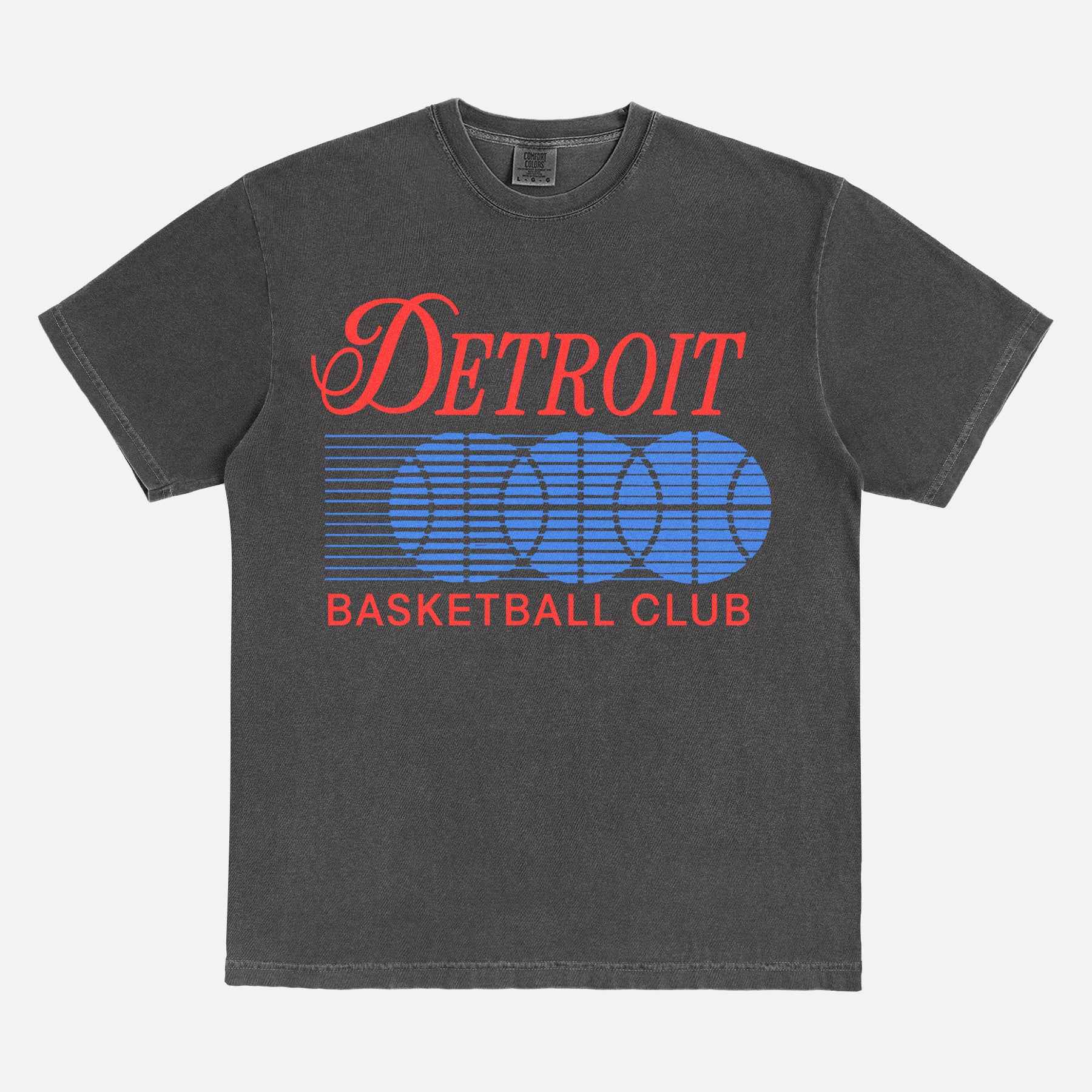 Vintage 1990s Detroit Pistons basketball graphic t-shirt with retro bball graphic on a washed black comfort colors tee