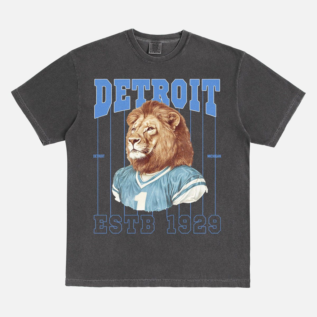 Retro Detroit Lions mascot pinstripes t-shirt with vintage 90s blue and silver graphic on a washed black comfort colors graphic tee for sale at Throwbacks