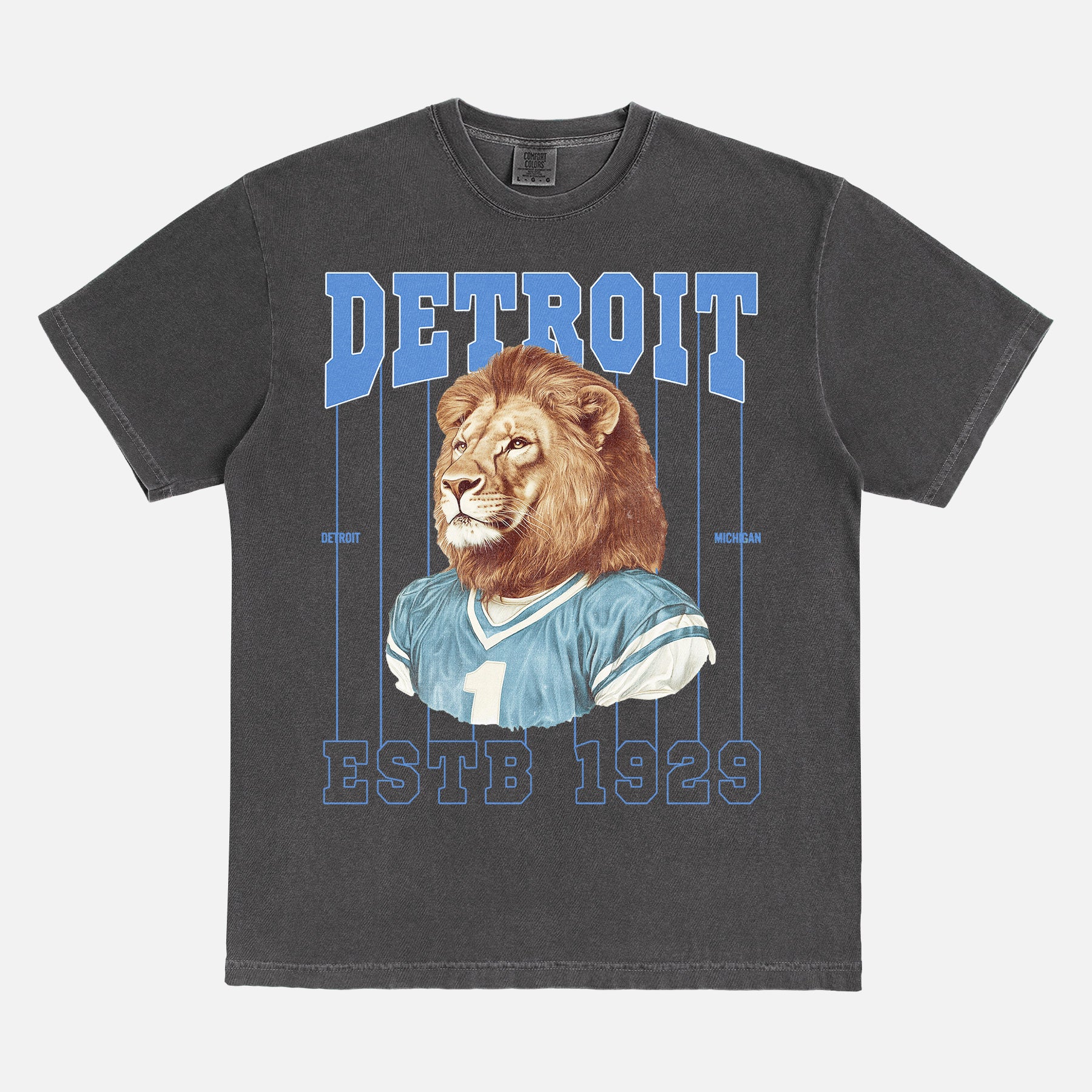 Retro Detroit Lions mascot pinstripes t-shirt with vintage 90s blue and silver graphic on a washed black comfort colors graphic tee for sale at Throwbacks