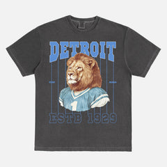 Retro Detroit Lions mascot pinstripes t-shirt with vintage 90s blue and silver graphic on a washed black comfort colors graphic tee for sale at Throwbacks