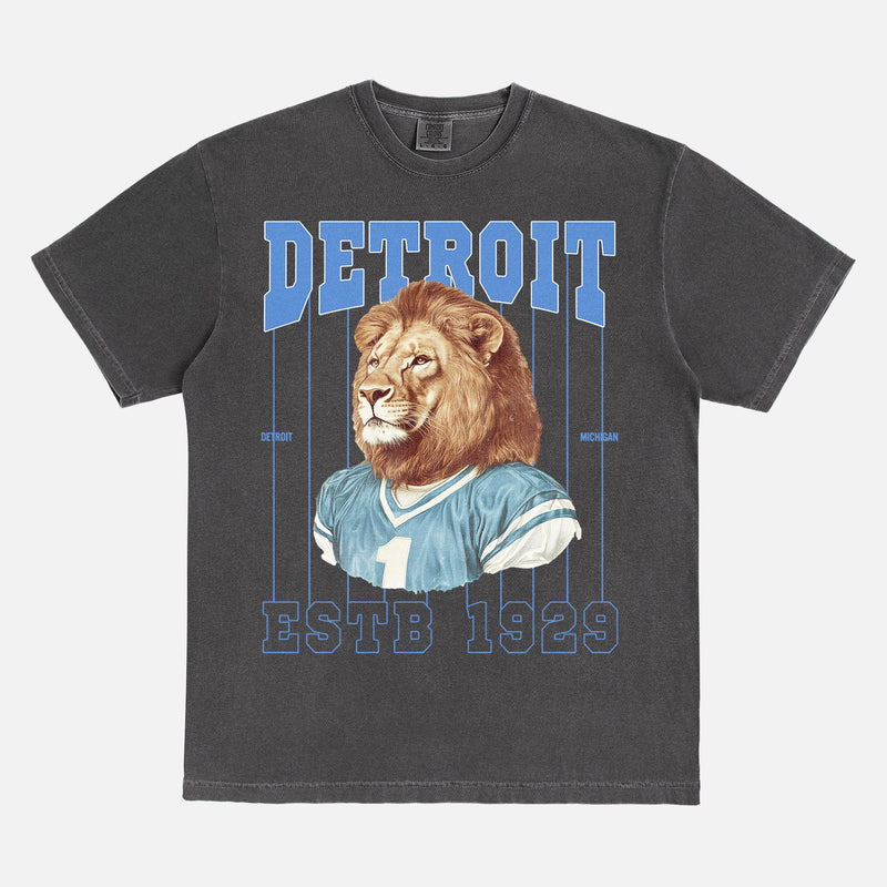Retro Detroit Lions mascot pinstripes t-shirt with vintage 90s blue and silver graphic on a washed black comfort colors graphic tee for sale at Throwbacks