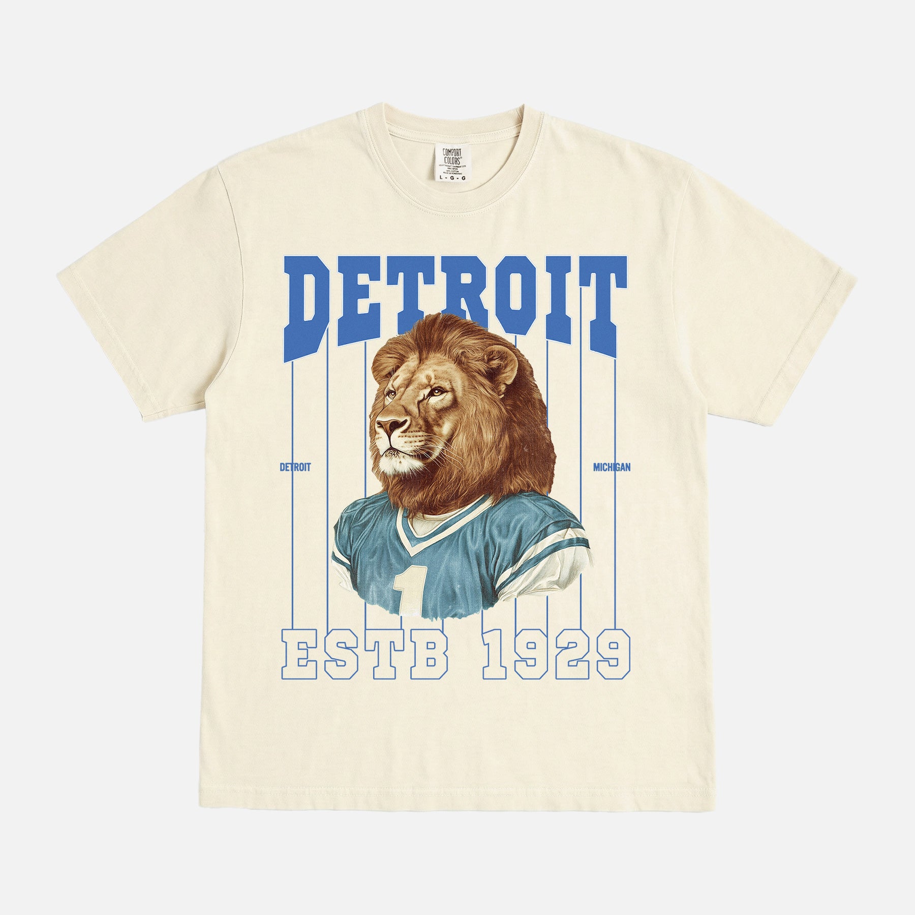 Retro Detroit Lions mascot pinstripes t-shirt with vintage 90s blue and silver graphic on a washed cream comfort colors graphic tee for sale at Throwbacks