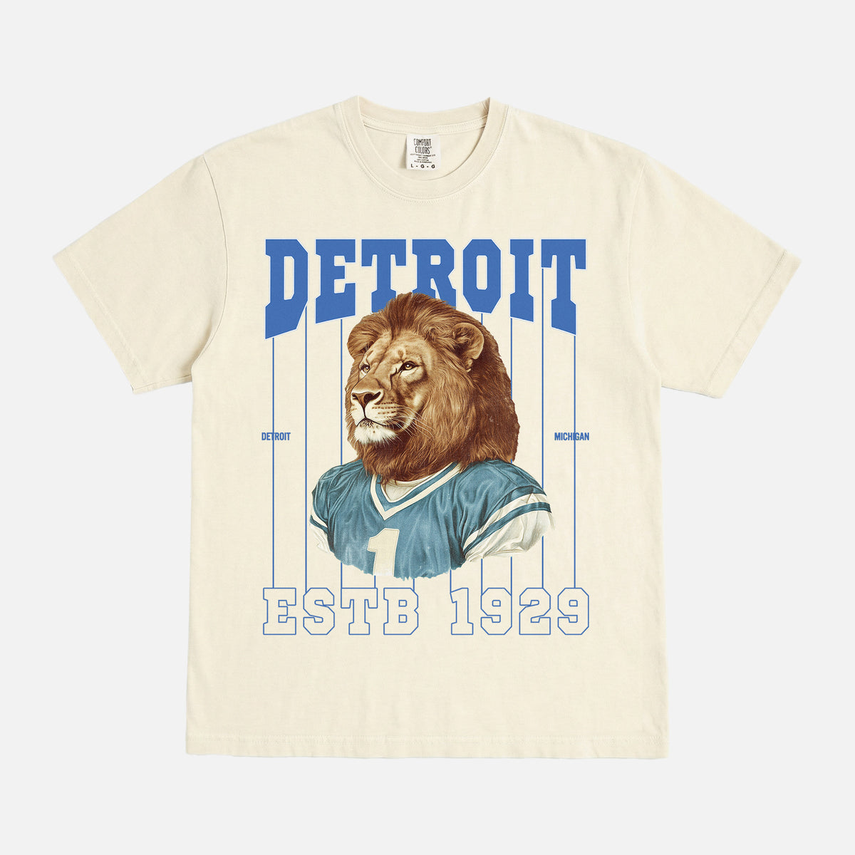 Retro Detroit Lions mascot pinstripes t-shirt with vintage 90s blue and silver graphic on a washed cream comfort colors graphic tee for sale at Throwbacks