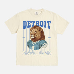 Retro Detroit Lions mascot pinstripes t-shirt with vintage 90s blue and silver graphic on a washed cream comfort colors graphic tee for sale at Throwbacks