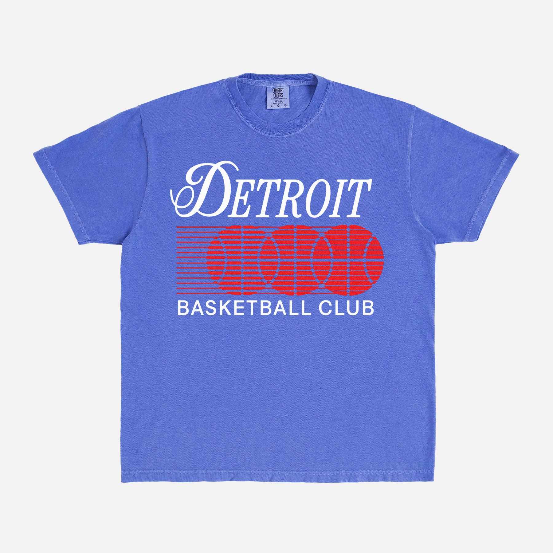 Vintage 1990s Detroit Pistons basketball graphic t-shirt with retro bball graphic on a washed blue comfort colors tee