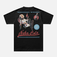 Black fallout video game tv show graphic tee shirt with Nuka Cola bottle cap logo and retro space girl ad