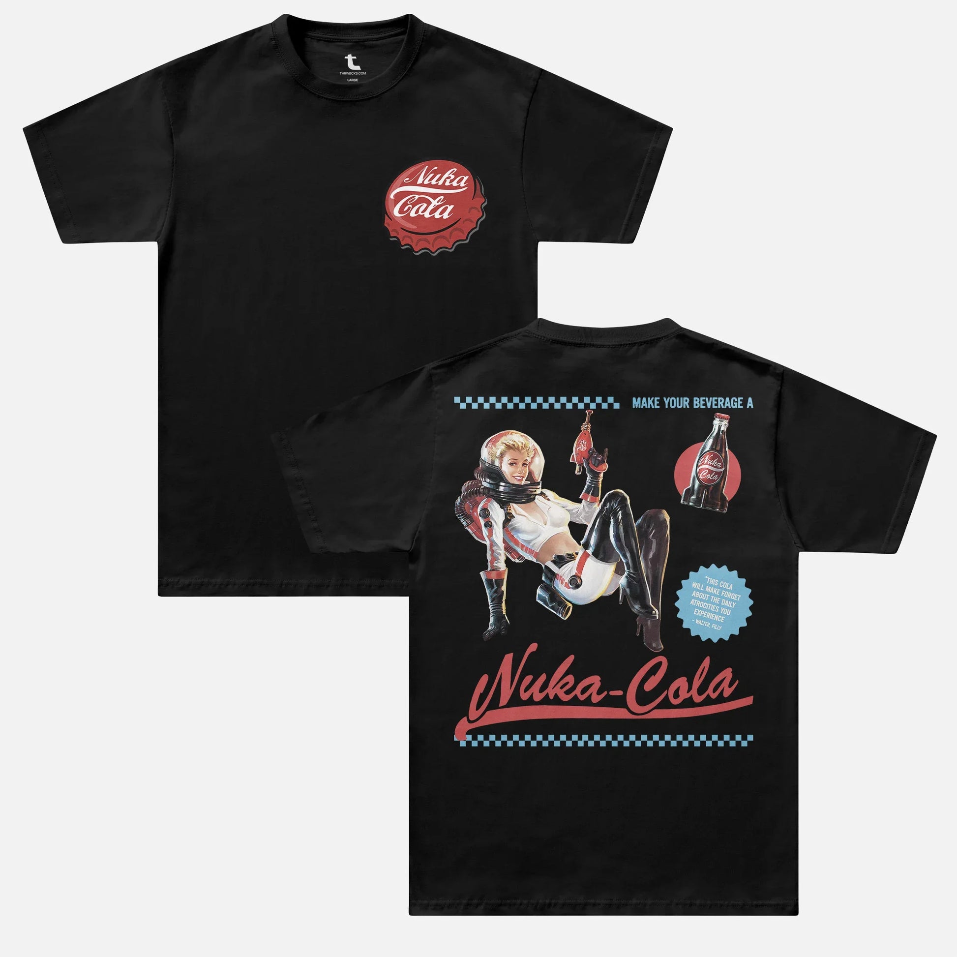 Black fallout video game tv show graphic tee shirt with Nuka Cola bottle cap logo and retro space girl ad for men and women for sale at Throwbacks