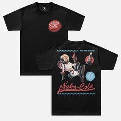 Black fallout video game tv show graphic tee shirt with Nuka Cola bottle cap logo and retro space girl ad for men and women for sale at Throwbacks