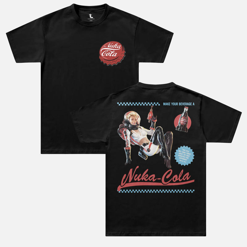 Black fallout video game tv show graphic tee shirt with Nuka Cola bottle cap logo and retro space girl ad for men and women for sale at Throwbacks