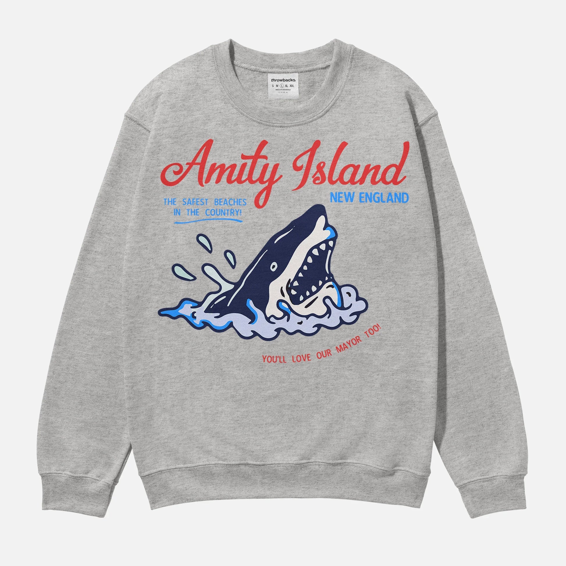 Jaws Movie Sweatshirt, retro funny Amity Island Tourist Travel crewneck for sale at Throwbacks