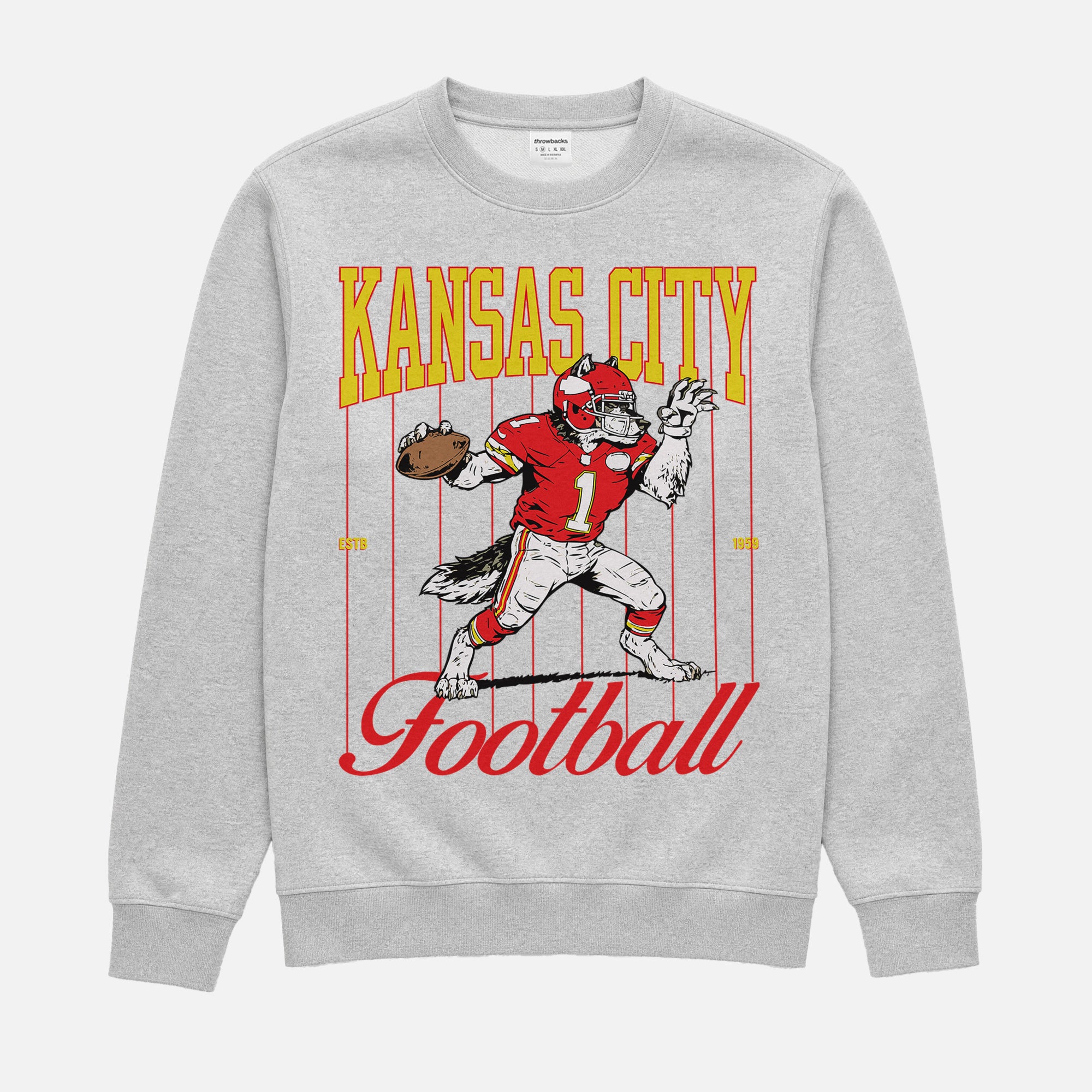 retro 80s Kansas City Chiefs crewneck sweatshirt with vintage pinstripes and mascot graphic
