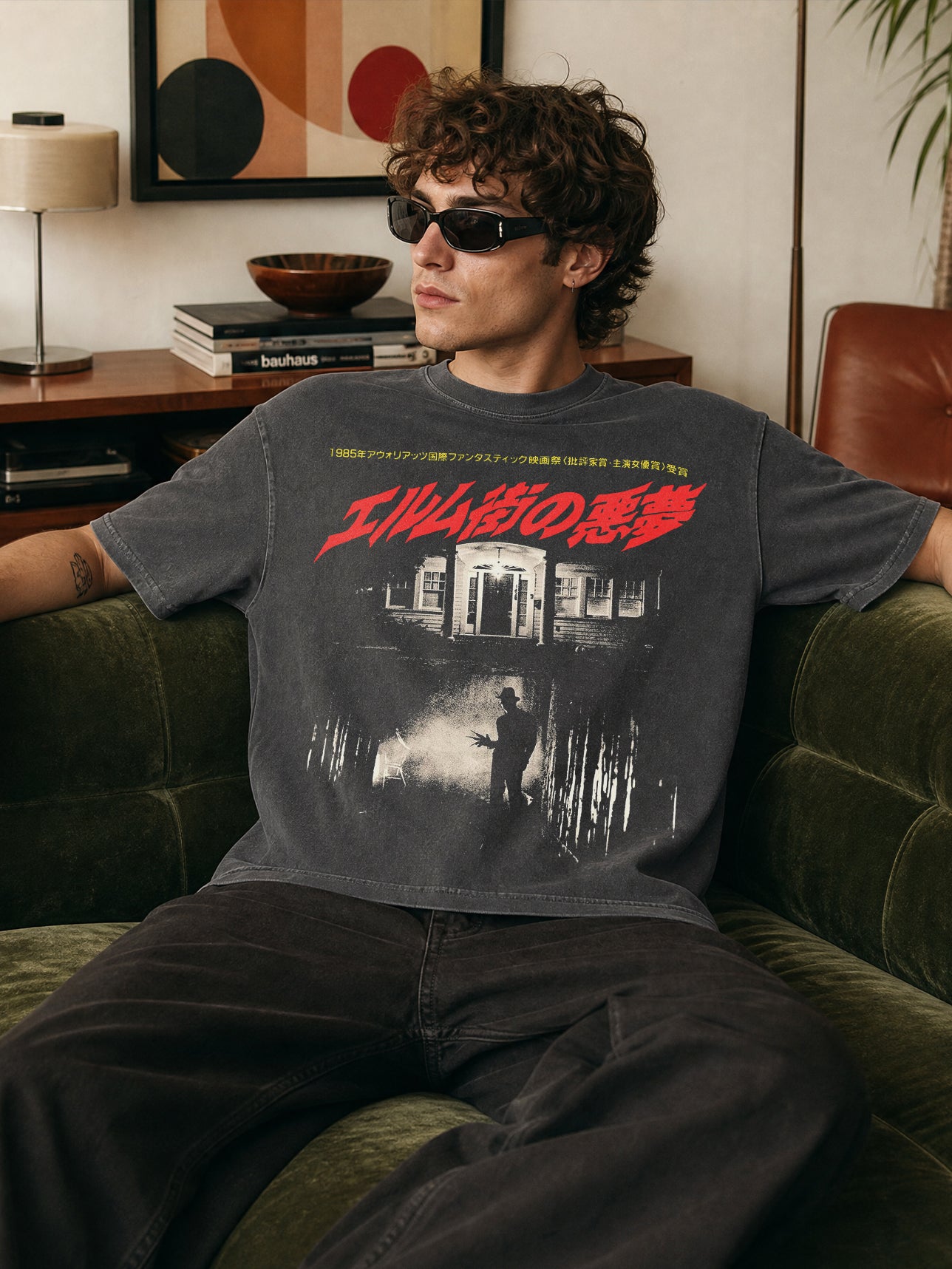 A Nightmare on Elm Street Retro Japanese movie Poster t-shirt with freddy krueger glove on washed black graphic tee
