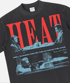 1995 Heat Movie Graphic t-shirt with grunge halftone illusration of the diner scene and Val Kilm street shootout on a faded black streetwear tee