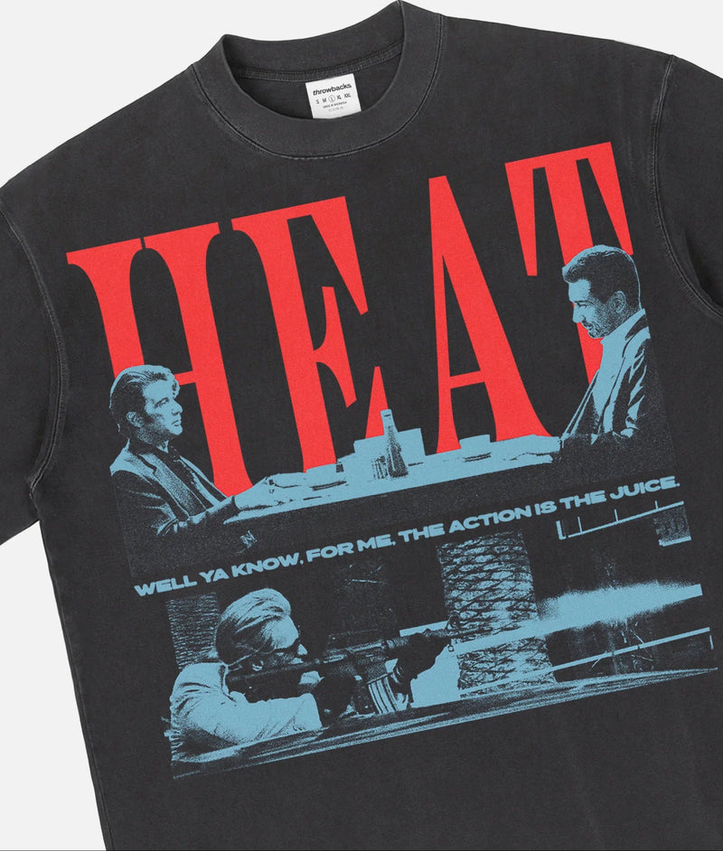 1995 Heat Movie Graphic t-shirt with grunge halftone illusration of the diner scene and Val Kilm street shootout on a faded black streetwear tee