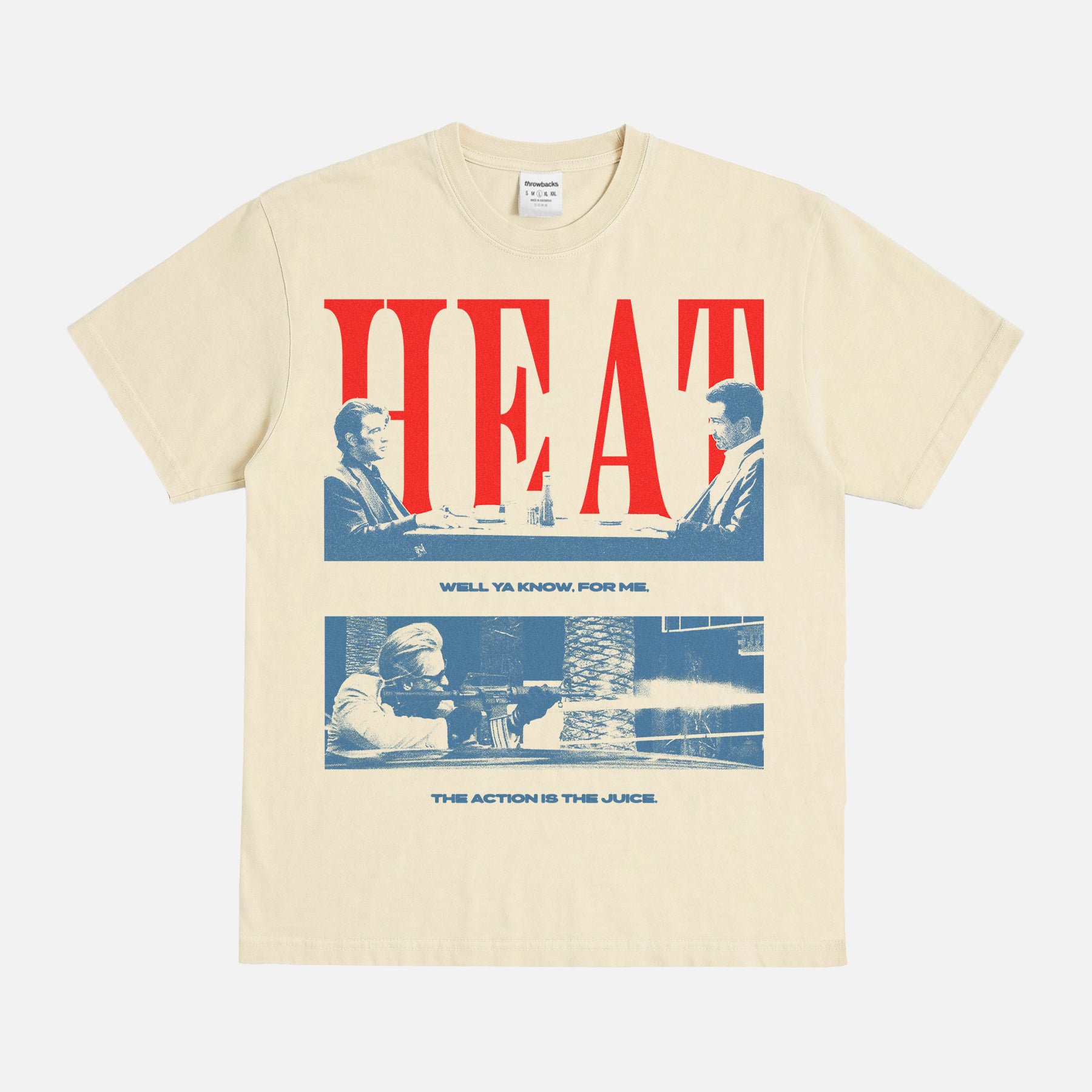 1995 Heat Movie Graphic t-shirt with grunge halftone illustration of the diner scene and Val Kilmer street shootout on a faded cream off white streetwear tee