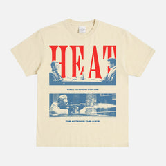 1995 Heat Movie Graphic t-shirt with grunge halftone illustration of the diner scene and Val Kilmer street shootout on a faded cream off white streetwear tee