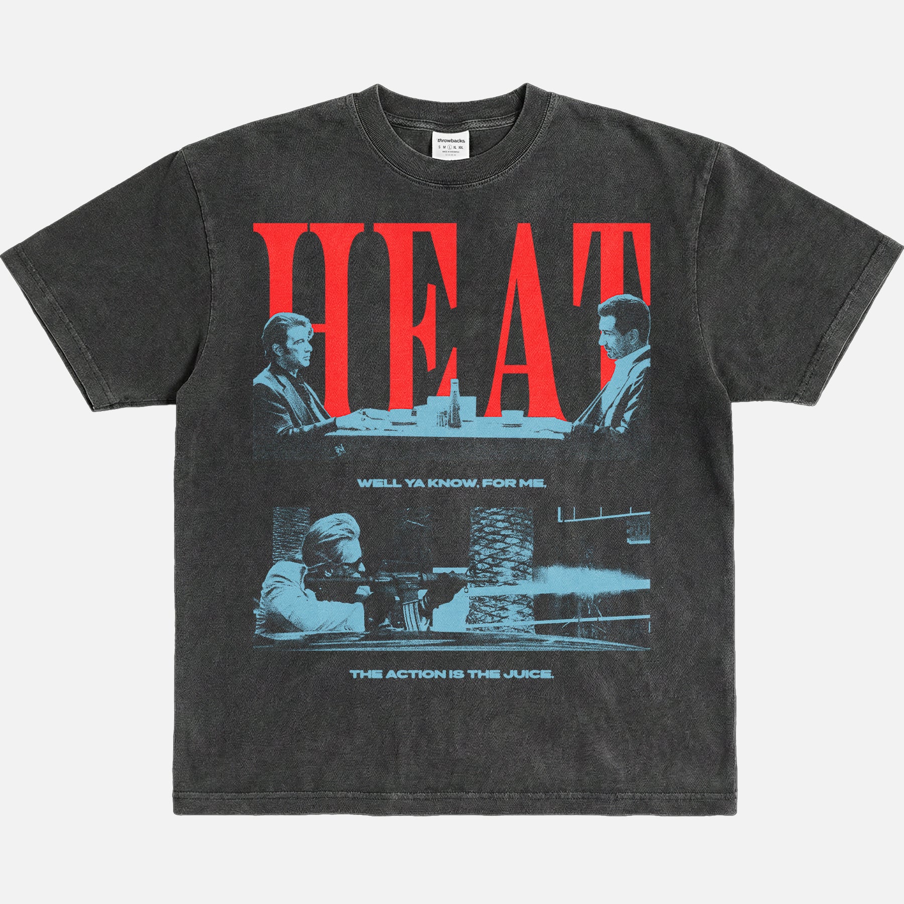 1995 Heat Movie Graphic t-shirt with grunge halftone illustration of the diner scene and Val Kilmer street shootout on a faded black streetwear tee