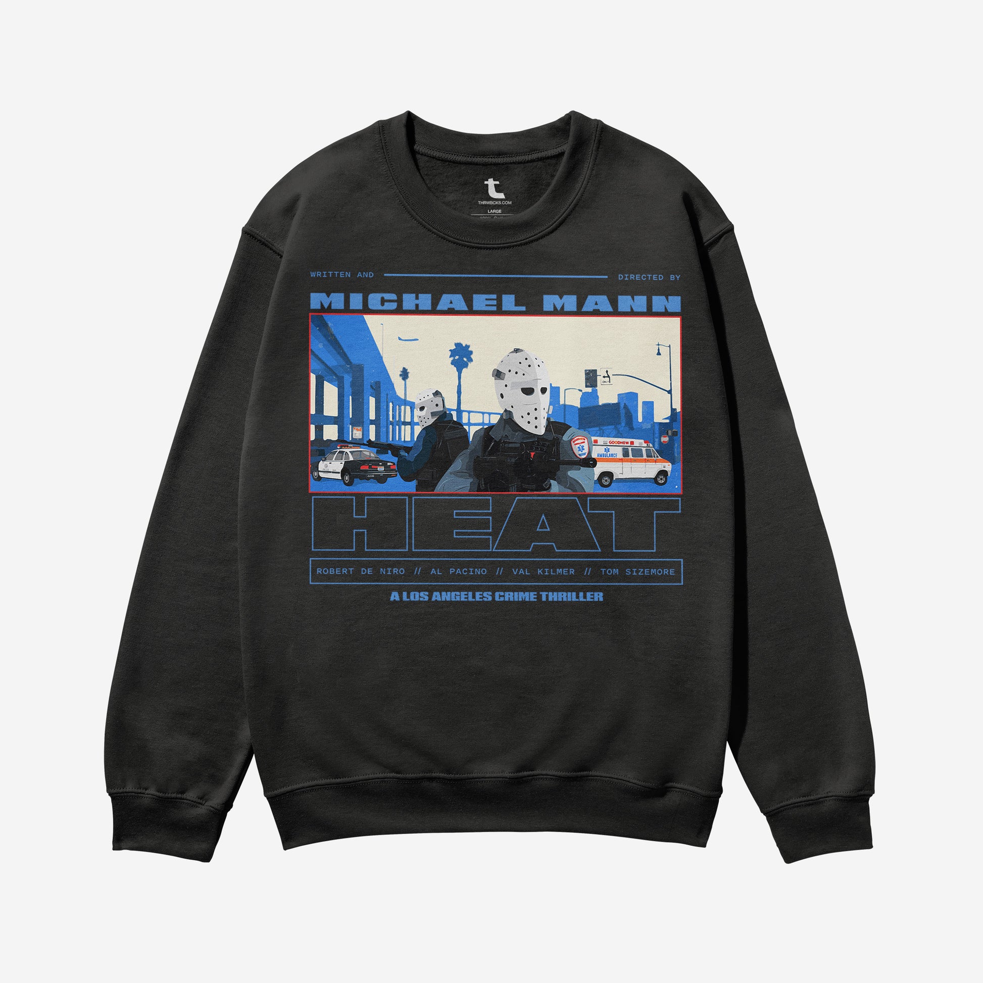 Black 1995 Heat movie sweatshirt with hockey mask scene illustration, retro 90s action movie Michael Mann crewneck streetwear