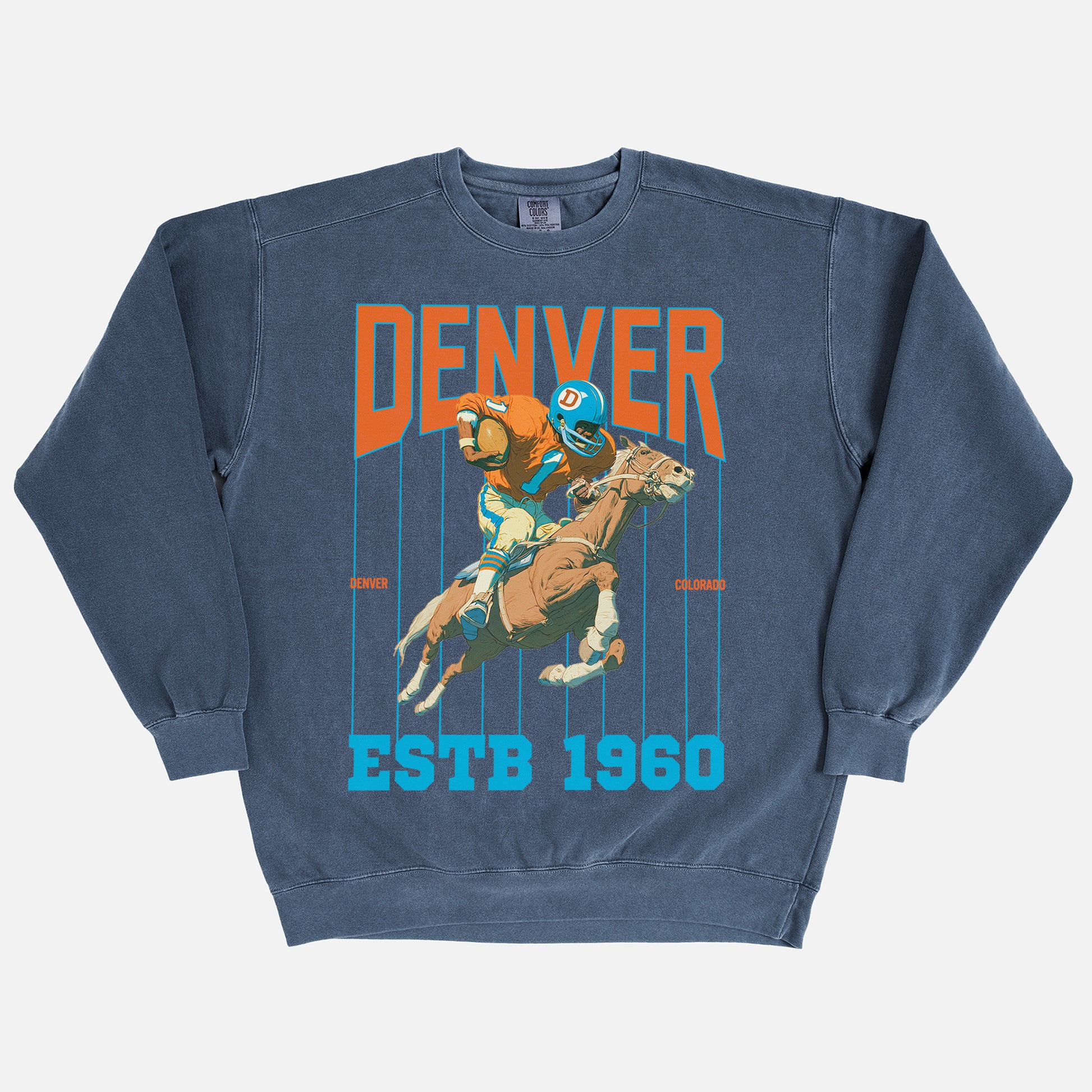 Old School denver broncos heavyweight washed navy comfort colors football can crewneck sweatshirt