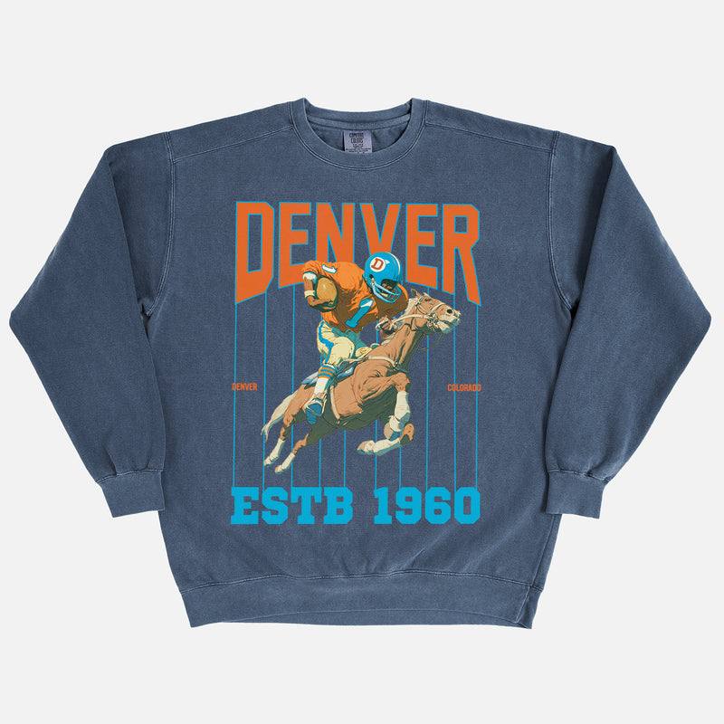 Old School denver broncos heavyweight washed navy comfort colors football can crewneck sweatshirt