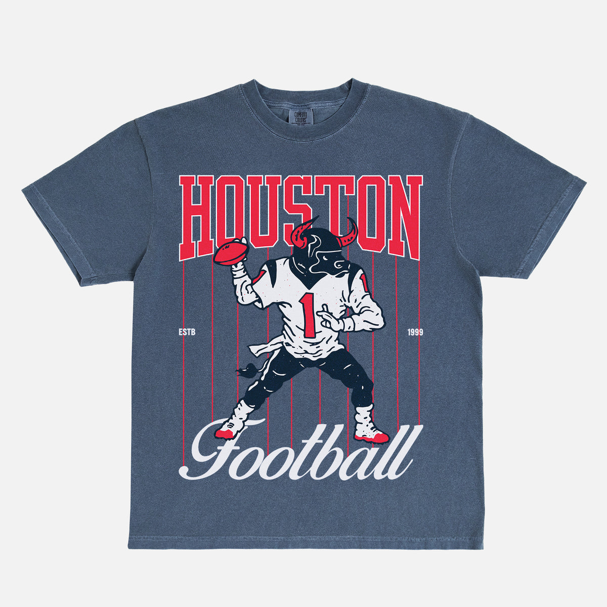 REtro Houston Texans graphic tee with vintage NFL bull mascot on a faded navy comfort colors shirt