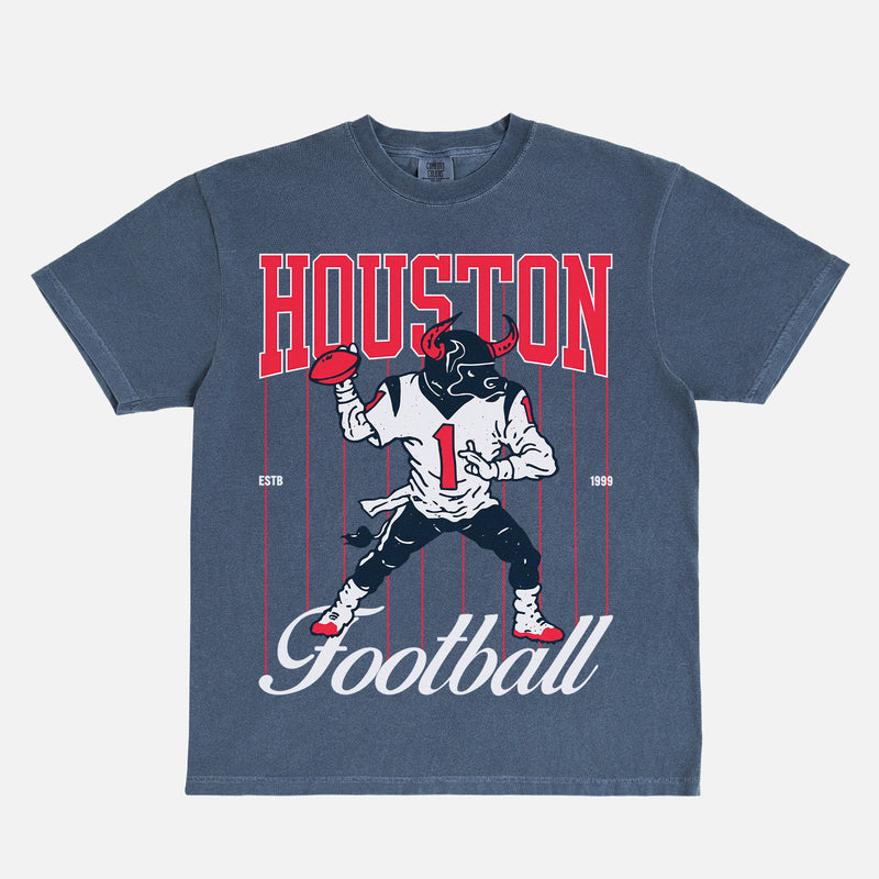 REtro Houston Texans graphic tee with vintage NFL bull mascot on a faded navy comfort colors shirt